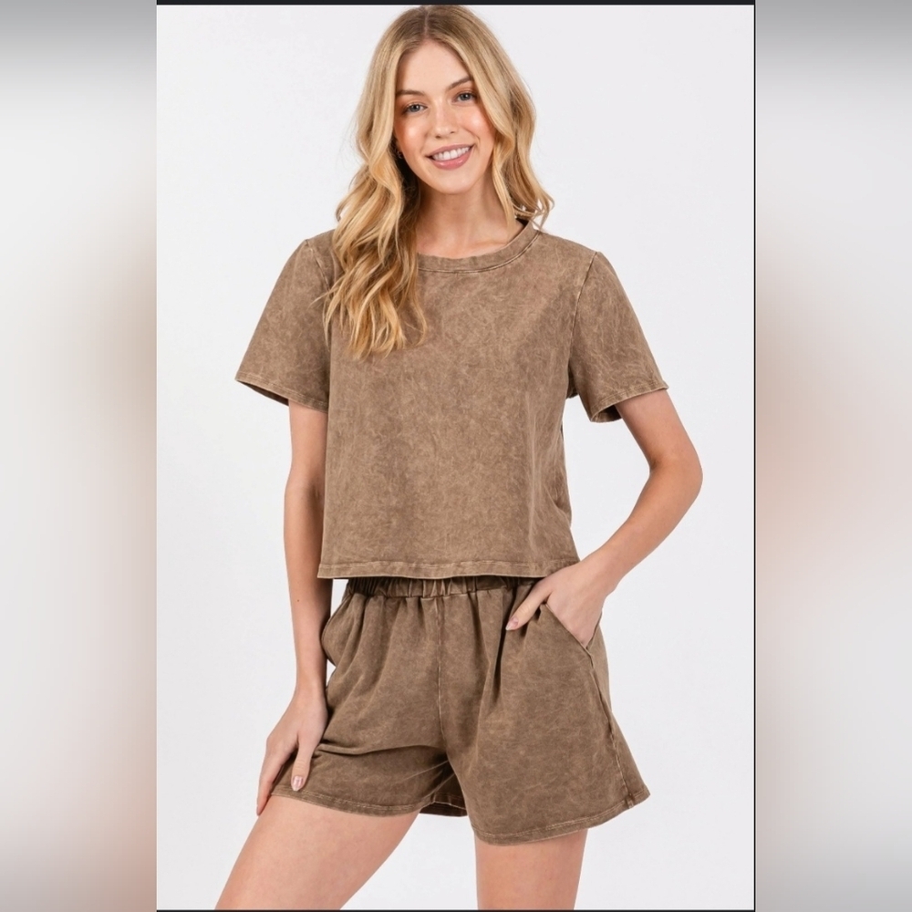 Dainty Hooligan By Final Touch Brown Mineral Wash High Waisted Shorts & Tee- SET